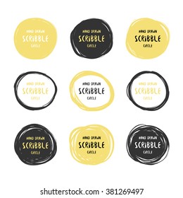 Vector Set Of 9 Hand Drawn Black And Gold Scribble Circles. Logo Design Elements