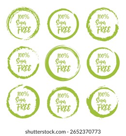 Vector set of 9 hand-drawn green circular badges with the text “100% Sugar FREE.” These organic, eco-style labels are perfect for healthy food packaging, diet-friendly products, nutrition branding.