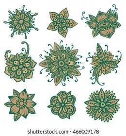 Vector set of 9 handsketched mehndi flowers. Henna florals collection. Oriental doodles based on traditional indian ornaments. Ethnic flash temporary tattoo. Anti-stress color book template