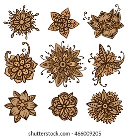 Vector set of 9 handsketched mehndi flowers. Henna florals collection. Oriental doodles based on traditional indian ornaments. Ethnic flash temporary tattoo. Anti-stress color book template