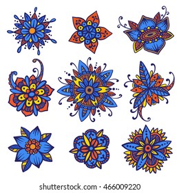 Vector set of 9 handsketched mehndi flowers. Henna florals collection. Oriental doodles based on traditional indian ornaments. Ethnic flash temporary tattoo. Anti-stress color book template