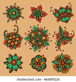 Vector set of 9 handsketched mehndi flowers. Henna florals collection. Oriental flower doodles based on traditional indian ornaments. Ethnic flash temporary tattoo. Anti-stress color book template