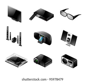Vector set of 9 modern black TV and audio icons