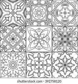 Vector set of 9 ornamented tiles in black and white.