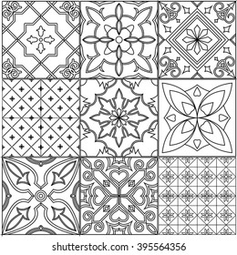 Vector set of 9 ornamented tiles in black and white. 