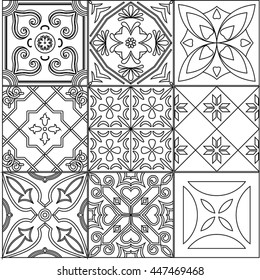 Vector set of 9 ornamented tiles in black and white.