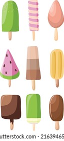 Vector set of 9 popsicles: chocolate, raspberry, strawberry, lemon and other different flavors. Decorative elements isolated on white background