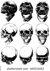Vector set of 9 realistic cool detailed graphic black and white human skulls in different projections with open mouth