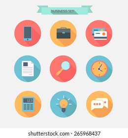 Vector set of 9 round flat business icons with long shadow
