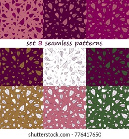 Vector set of 9 seamless patterns for, wrapping paper, cover, fabric, souvenir, curtain, interior, furniture. Leaves, vintage ornaments, low saturation yellow, pink, green, white colors, EPS 10.