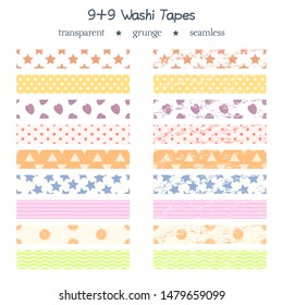 Vector set of 9 transparent seamless washi tapes. Elements for graphic design. Fully editable collection of different multicolor adhesive bands with grunge copy for your own projects. Eps10 file.