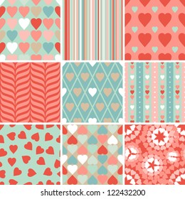 Vector set of 9 Valentine's Day heart patterns.