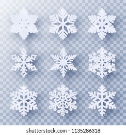 Vector set of 9 white Christmas paper cut snowflakes with shadow on transparent background. New year and Christmas design elements