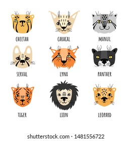 Vector set of 9 wild cats in Scandinavian style. Set of stickers, isolates. Cheetah, caracal, manul, serval, lynx, panter, tiger, lion, leopard.
