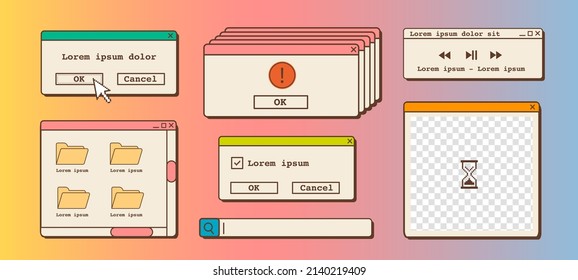 Vector set of 90s old desktop user interface elements. Nostalgic retro computer ui ux, vintage aesthetic icons and dialog windows. Vaporwave and retrowave style old computer aesthetics. Illustrations.