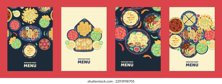Vector set of a4 templates with illustrations of traditional mexican food such as tacos, burritos, guacamole, salsa, tamales, etc. Designs for menu covers, cookbooks, posters, banners. Mexican cuisine