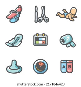 Vector Set of Abortion Icons. Equipment, Surgery, Birth, Monthly, Date, Medicine, Contraception, Diagnosis, Test.