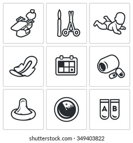 Vector Set of Abortion Icons. Equipment, Surgery, Birth, Monthly, Date, Medicine, Contraception, Diagnosis, Test. Armchair, Scalpel, Scissor, Child, Laying, Calendar, Pills, Condom, Ultrasound, Tube