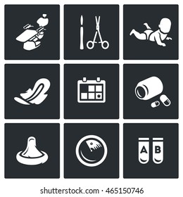 Vector Set of Abortion Icons. Equipment, Surgery, Birth, Monthly, Date, Medicine, Contraception, Diagnosis, Test.