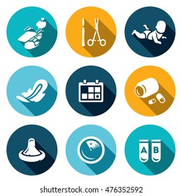 Vector Set of Abortion Icons. Equipment, Surgery, Birth, Monthly, Date, Medicine, Contraception, Diagnosis, Test.