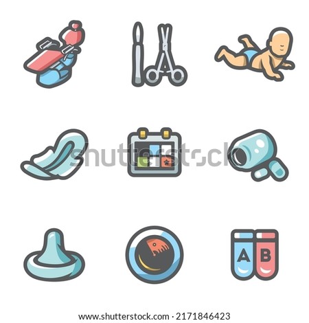 Vector Set of Abortion Icons. Equipment, Surgery, Birth, Monthly, Date, Medicine, Contraception, Diagnosis, Test.