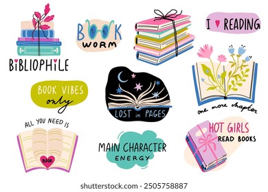 Vector set about books and reading. Book lover stickers. Cute hand drawn flat elements. Collection of inspirational illustrations with handwritten text. Quotes about literature 