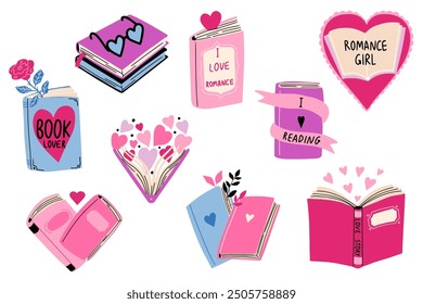 Vector set about books and reading. Book lover stickers. Cute hand drawn flat elements. Collection of inspirational illustrations with handwritten text. Quotes about literature 