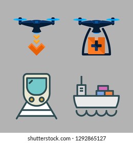  vector set about cargo ship, train and drone icons set.