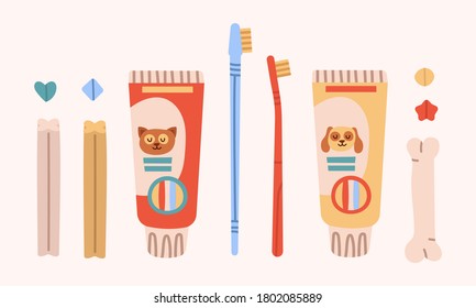 Vector set about cleaning tools. 
Veterinary kit illustrations. Dog and cat toothpaste, toothbrush, treats, bones.
Grooming.  Hand drawn Vector isolated icons 
