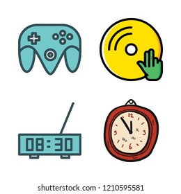   vector set about clock, game controller, alarm clock and vinyl icons set.