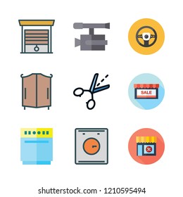  vector set about closet, video camera, stores and garage icons set.