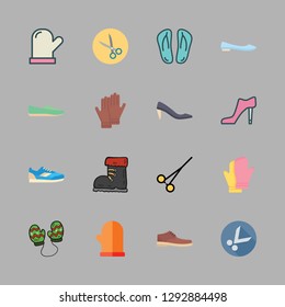  vector set about flip flops, gloves, shoe and scissors icons set.