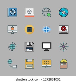  vector set about floppy disk, video player, eye tracking and diskette icons set.