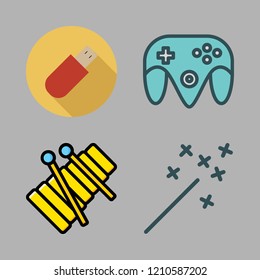  vector set about game controller, xylophone, magic wand and pendrive icons set.