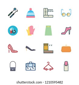  vector set about high heel, air pump, sunglasses and purse icons set.