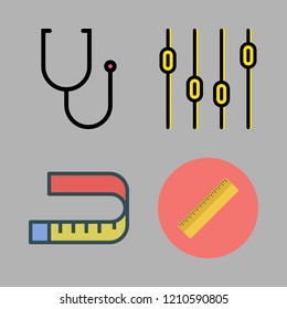 vector set about measuring tape, stethoscope, ruler and levels icons set.
