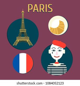 Vector set about Paris, Eiffel Tower, croissant, mime, flag
