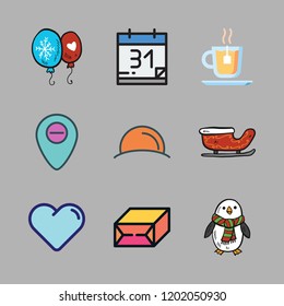 vector set about penguin, placeholder, calendar and balloons icons set.