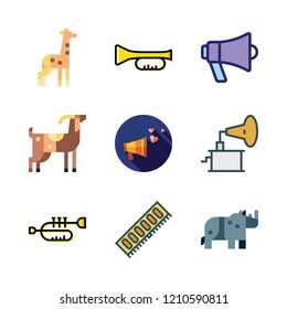  vector set about phonograph, goat, giraffe and trumpet icons set.