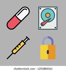  vector set about pills, syringe, hard disk and padlock icons set.