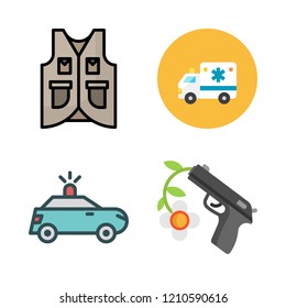   vector set about police car, gun, ambulance and vest icons set.