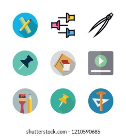  vector set about push pin, video player, school material and tongs icons set.
