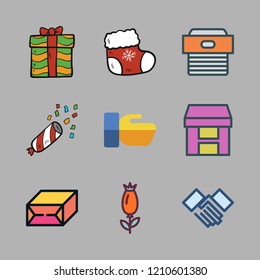   vector set about rose, handshake, christmas sock and box icons set.