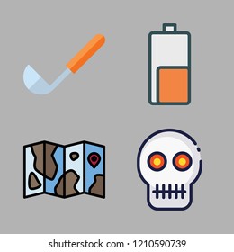   vector set about skull, battery, ladle and map icons set.