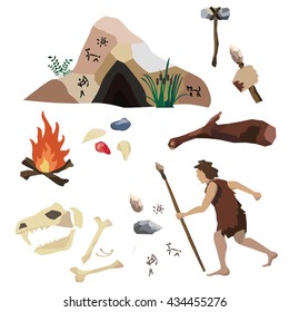 Vector Set About The Stone Age, Primitive Man's Life, His Tools And Housing. It Includes Cave, Rock Painting, Spear, Scraper, Fire, Stick, Hammer / Ax, Precious Stones. Concept For Video Game