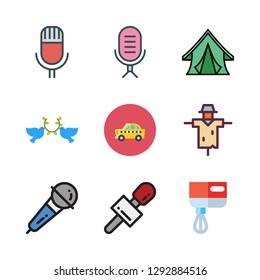  vector set about taxi, microphone, mixer and pigeons icons set.