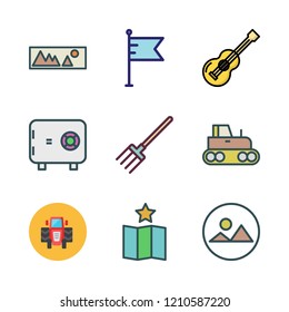  vector set about tractor, landscape, pitchfork and flag icons set.