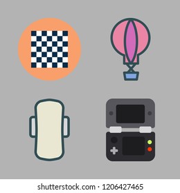Vector set about video console, hot air balloon, compress and chess board icons set.