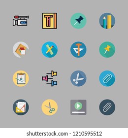   vector set about video player, scissors, school material and paper clip icons set.