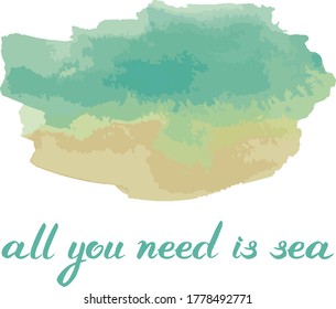 Vector set : abstact spot from blue, mint, beige colors looks like sea and sand . Hand written lettering. Isolated on white elements for design card, poster, flyer about summer vacation, travel.